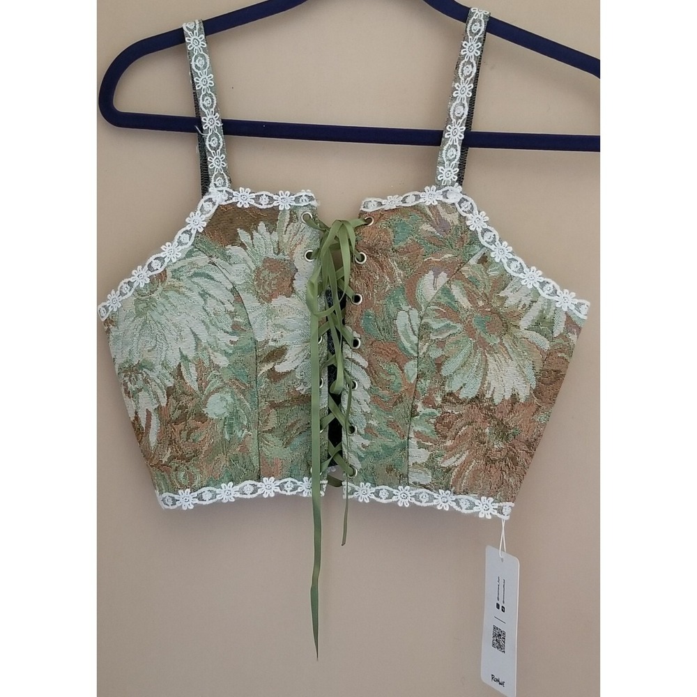 ROMWE Corset Tops Lace Up Boned Bustier Narrow Strap Camisole Retro Floral NEW S